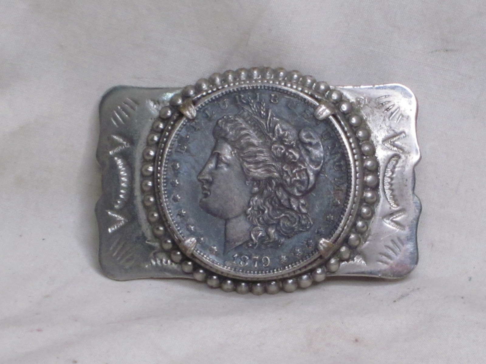 vintage antique nickle silver belt buckle 1879 Morgan Coin Western style art