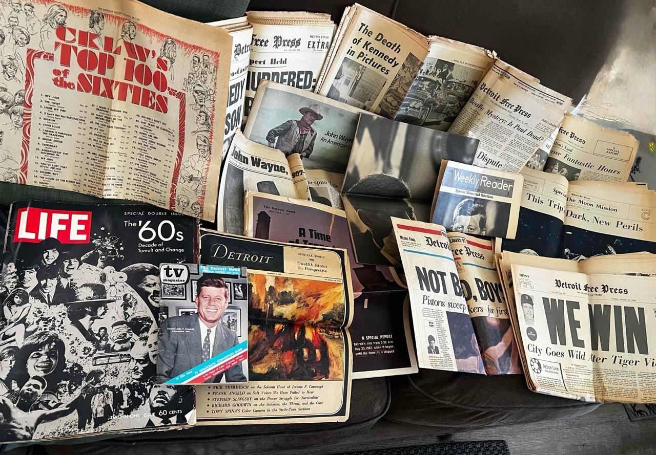 Vintage Newspaper Lot Detroit Tigers Win '64, JFK Kennedy, Riots, Moon, +MORE