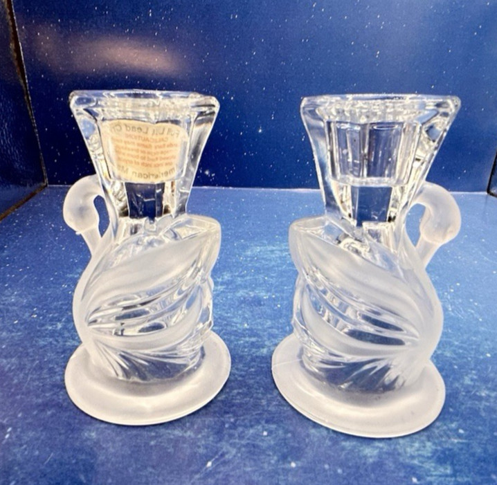 2 Vtg 1990s PartyLite 24% Lead Crystal Swan Candle Holders #P0168 NOS w Box