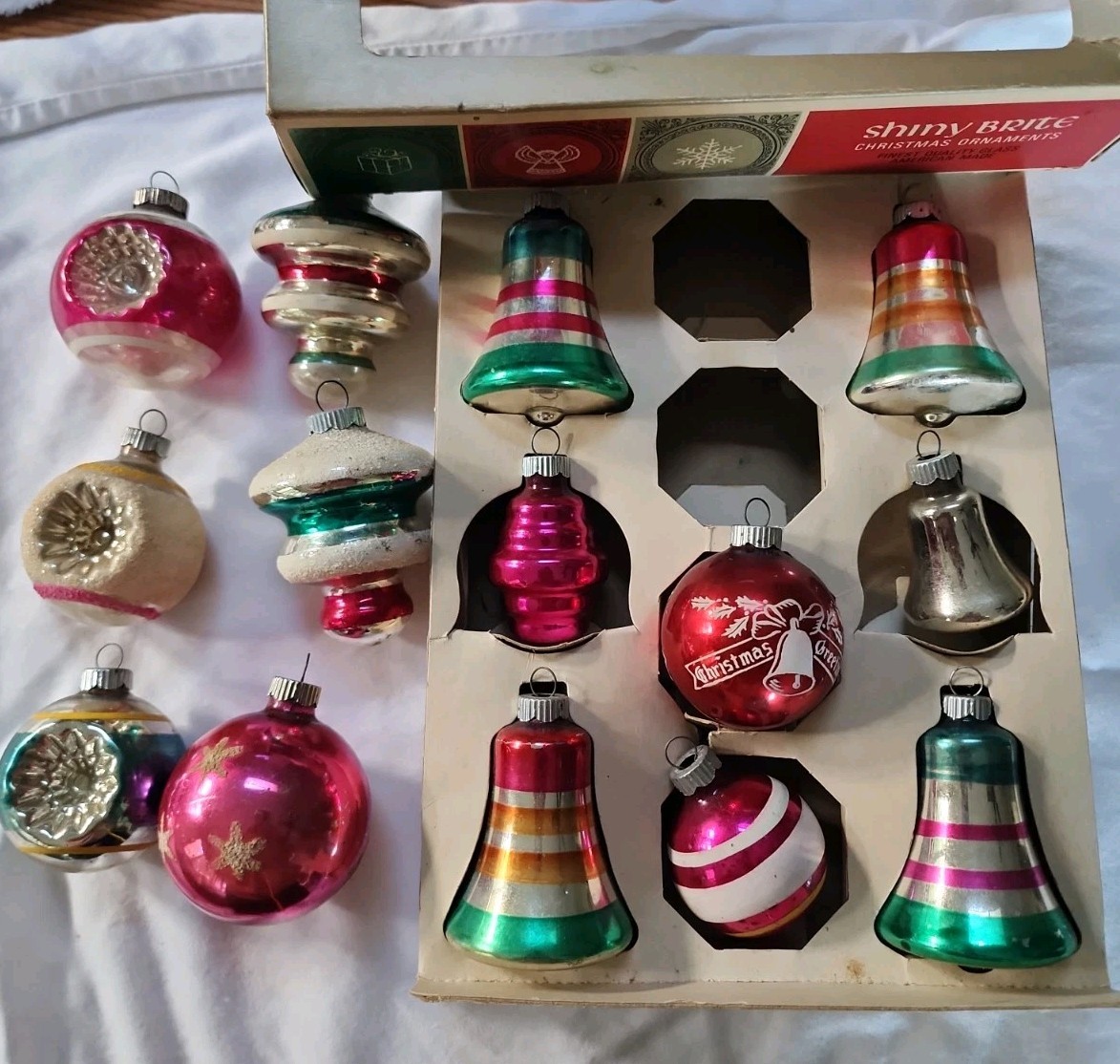 14 VTG Shiny Brite Double Indent Stencil Bell UFO Mica Glass Christmas Ornaments