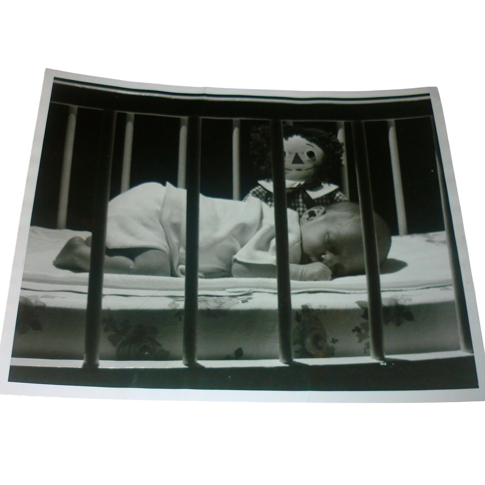 Vintage 1972 Tom Curran B&W Photo Andy\'s Vigil Raggedy Ann Baby Crib Exhibition