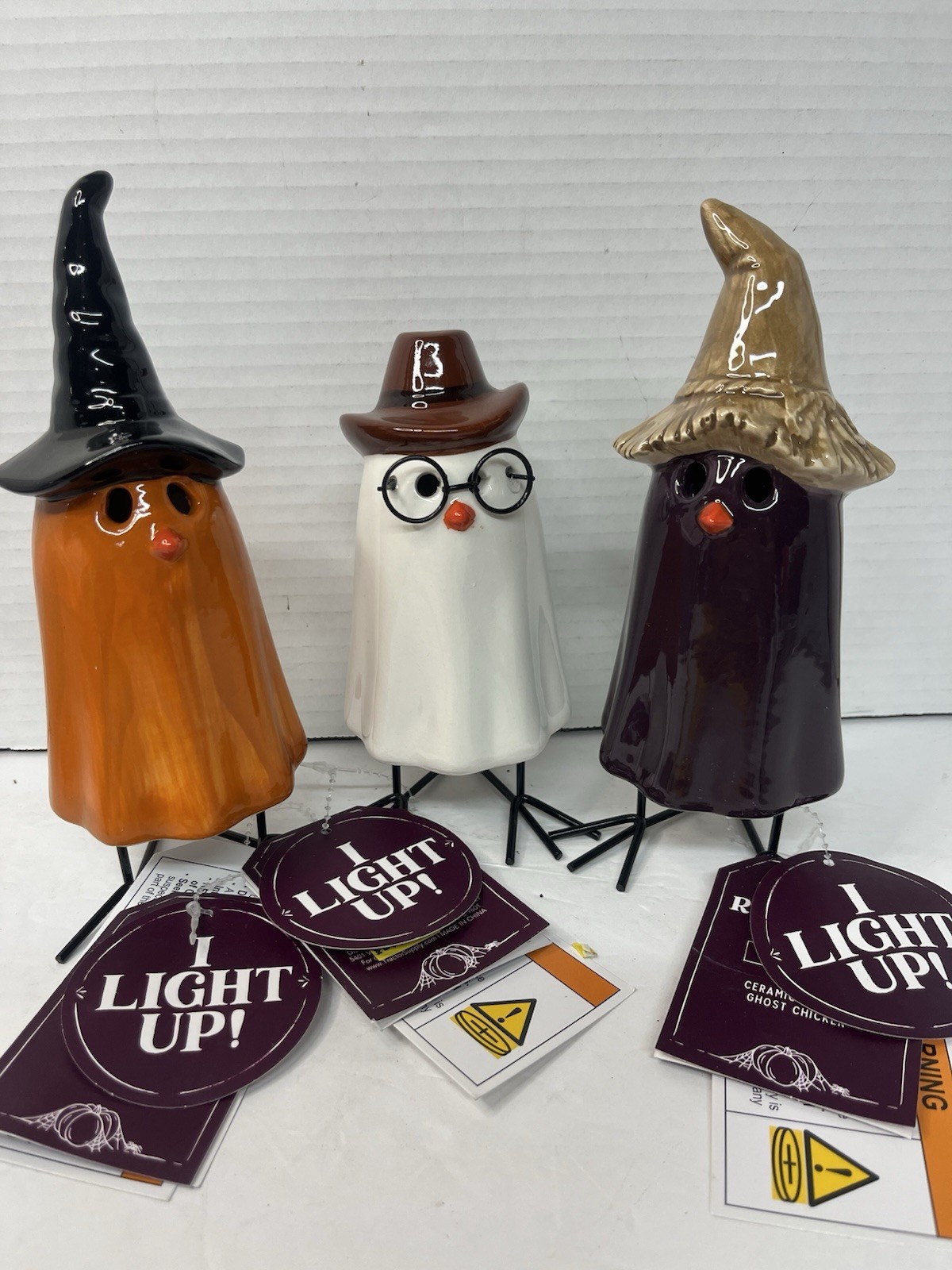 3 Red Shed Halloween Ceramic Lighted Ghost Chicken 7”