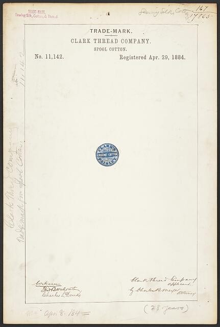 Photo:Clark Thread Company Paisley Spool Cotton 1884 Trade Mark Trademark