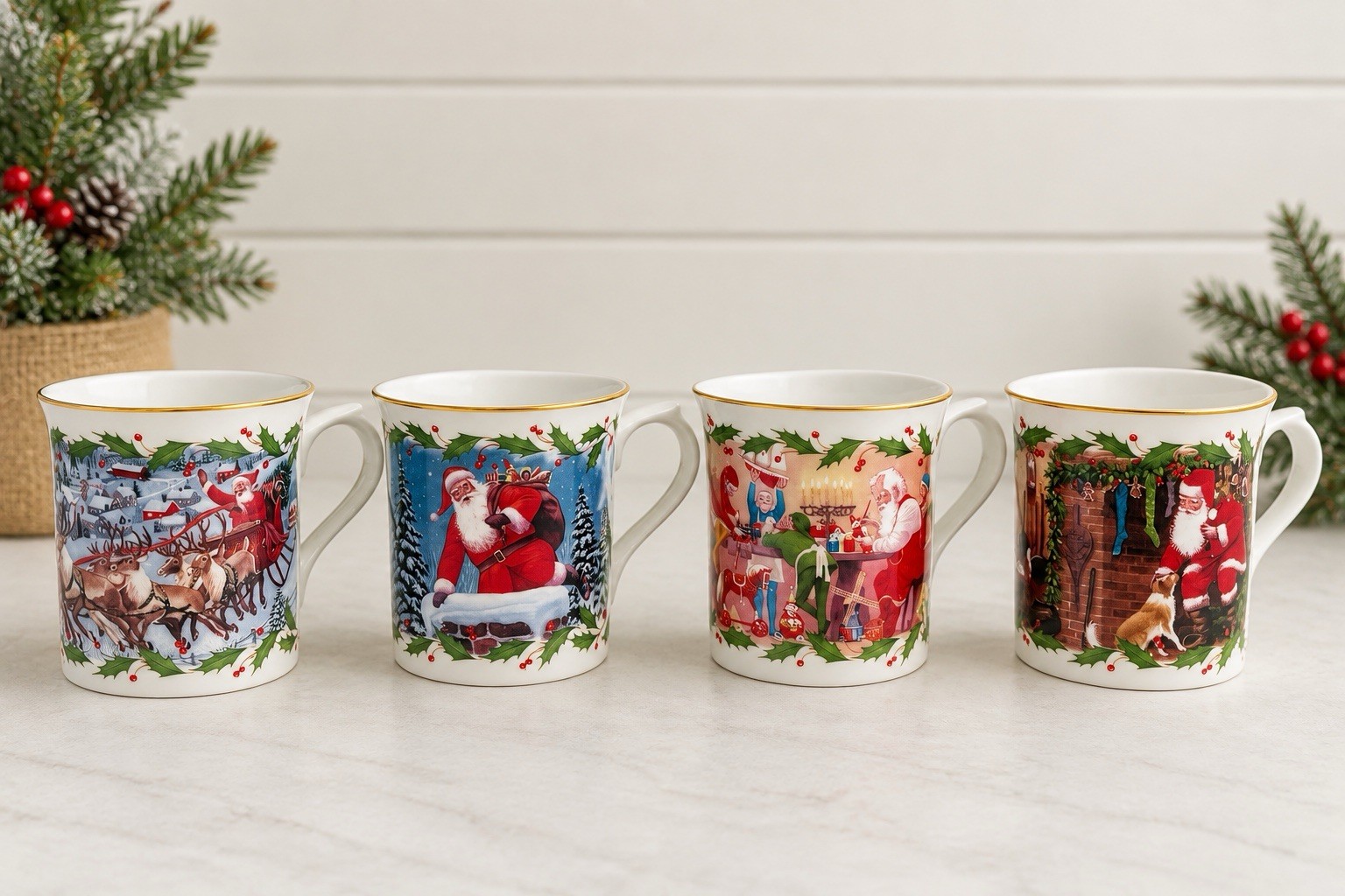 Lenox Santa’s Holiday Journey Christmas Mugs Set of 4 Gold Trim Vintage Santa
