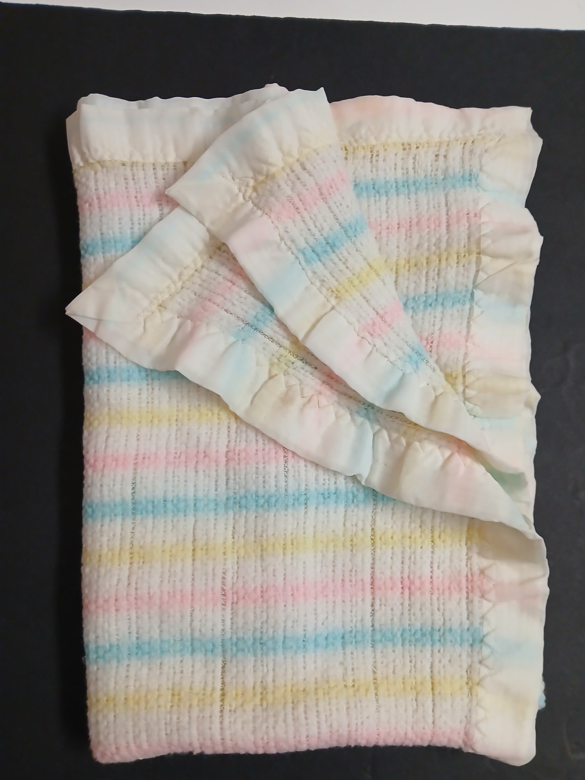 Vintage Acrylic Baby Blanket Waffle Weave Satin Trim Pastel Stripes 44\