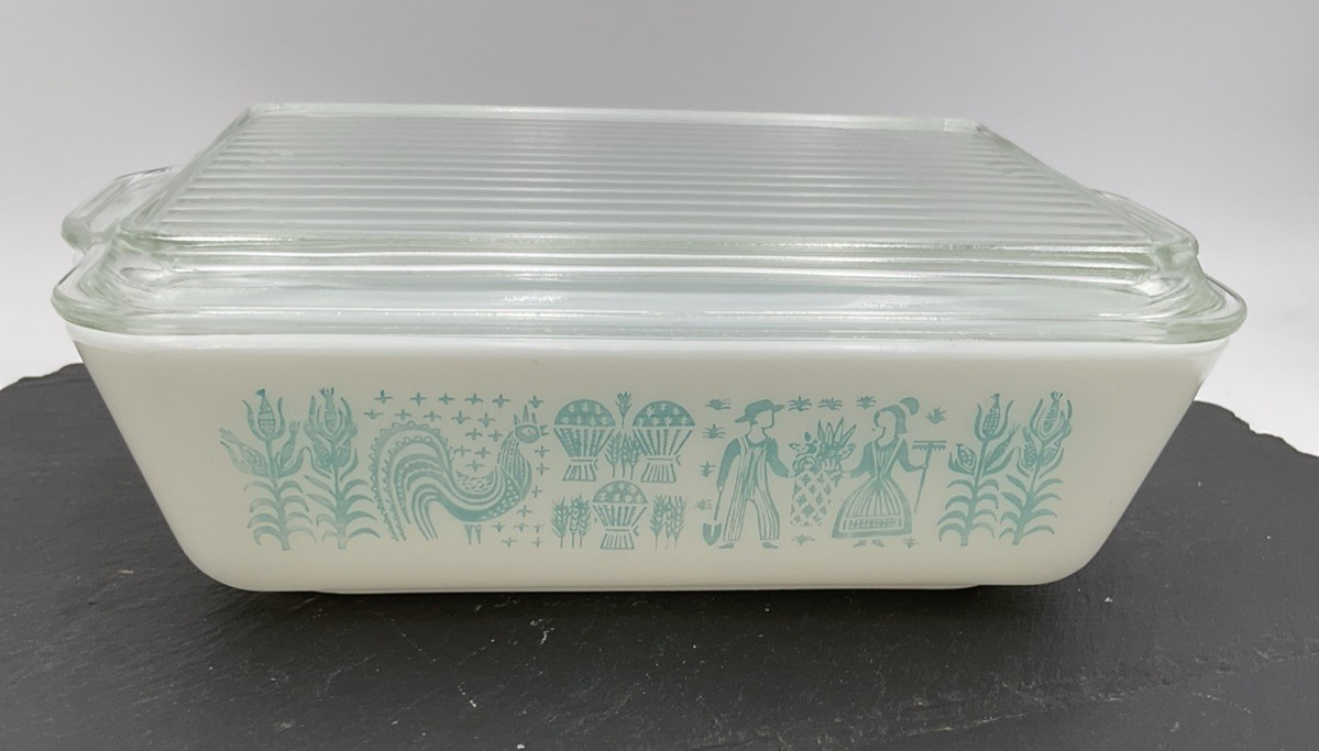 Vintage Pyrex Butterprint Turquoise Refrigerator Dish 503 1.5 Qt Ribbed Lid