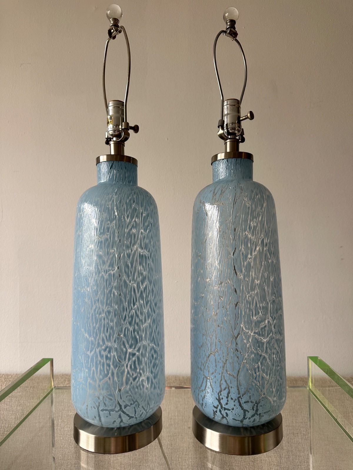 Pair Vintage Blue Textured Art Glass Table Lamps 27