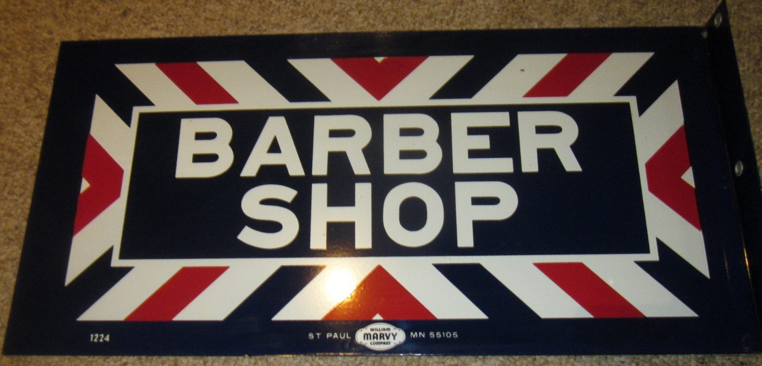Early Vintage MARVY  24” X 12” Porcelain Barber Shop Double Sided Flange Sign