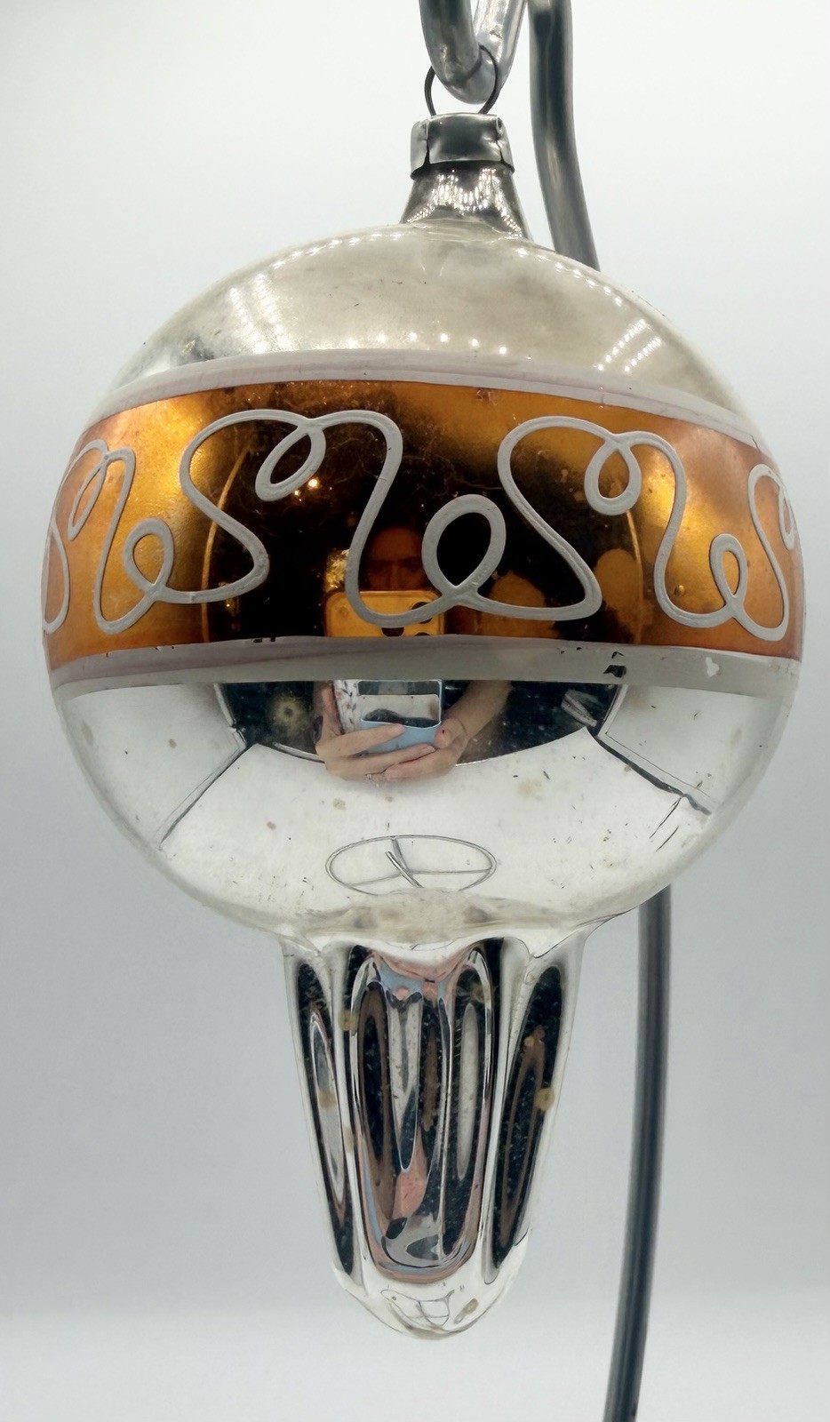 Vtg West German Glass Christmas Ornament Silver Orange MCM Finial Fluted Drop 4”