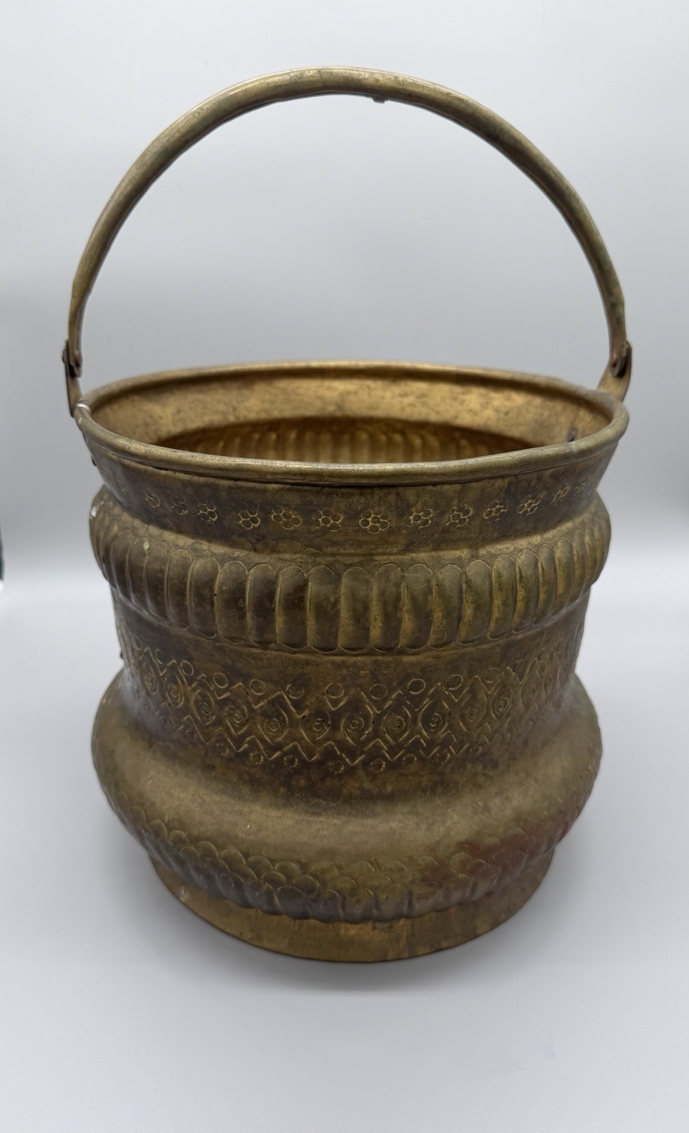 Antique Middle Eastern Brass Bucket Planter 9.5\