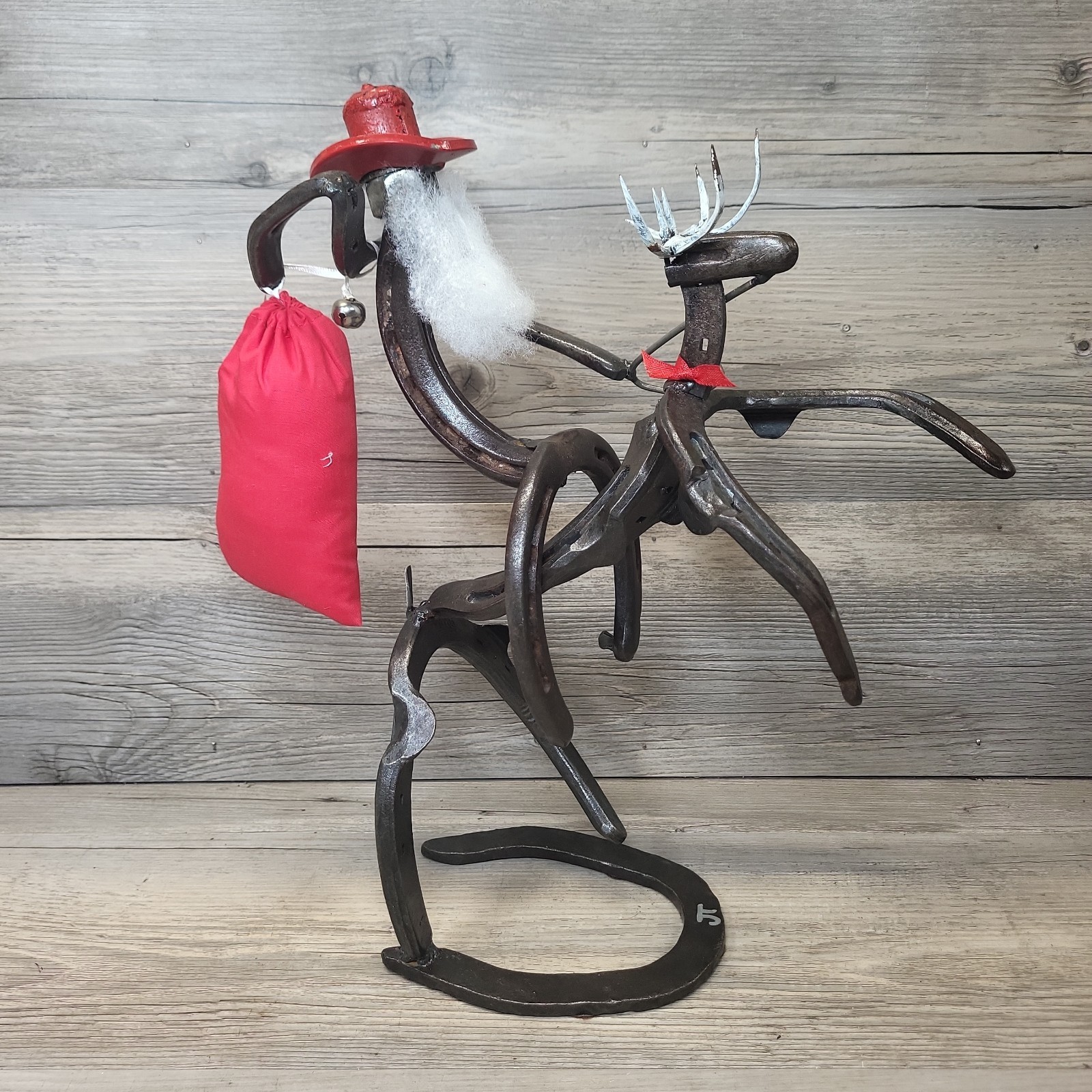 Metal Horseshoe Cowboy Santa On Horse Reindeer Folk Art Chirstmas Holiday