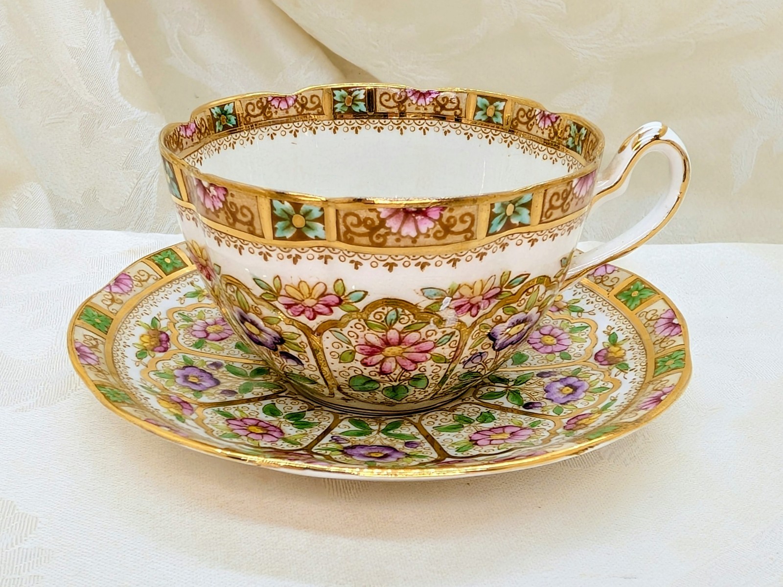 Antique Royal Albert Court China Teacup Saucer Hand Painted Heavy Gold Floral