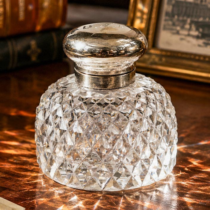 Nice Large Mappin & Webb Antique Sterling Silver Cut Crystal Desk Inkwell
