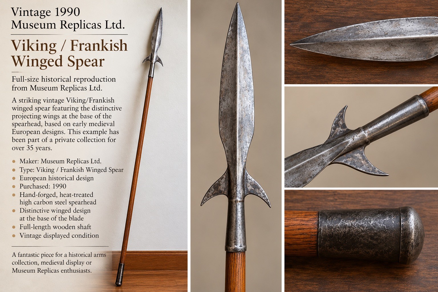 Vintage Museum Replicas Viking Frankish Winged Spear 1990 Medieval Reproduction