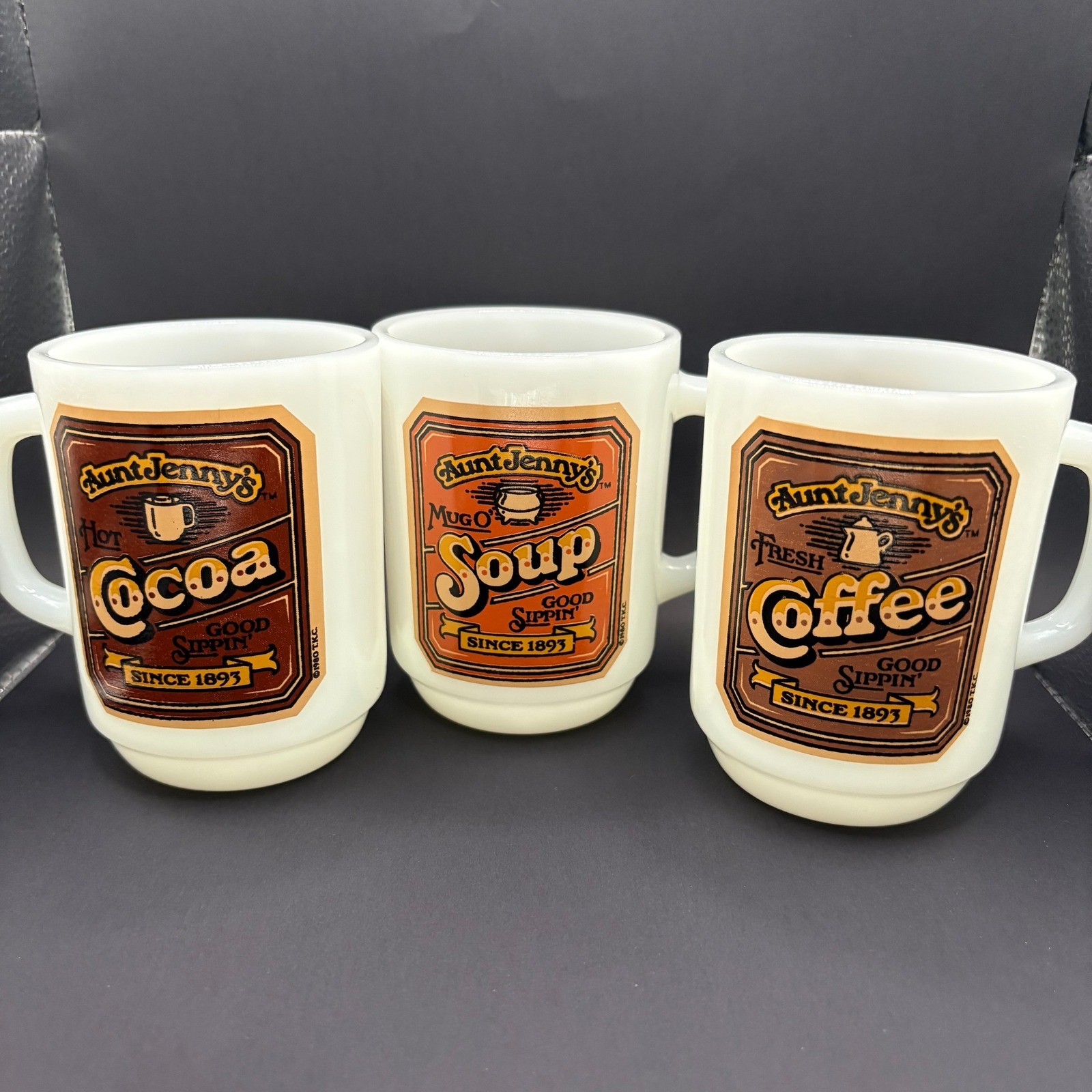 Vintage 1980 Aunt Jenny\'s Anchor Hocking Mugs Set of 3 Coffee Cocoa Soup