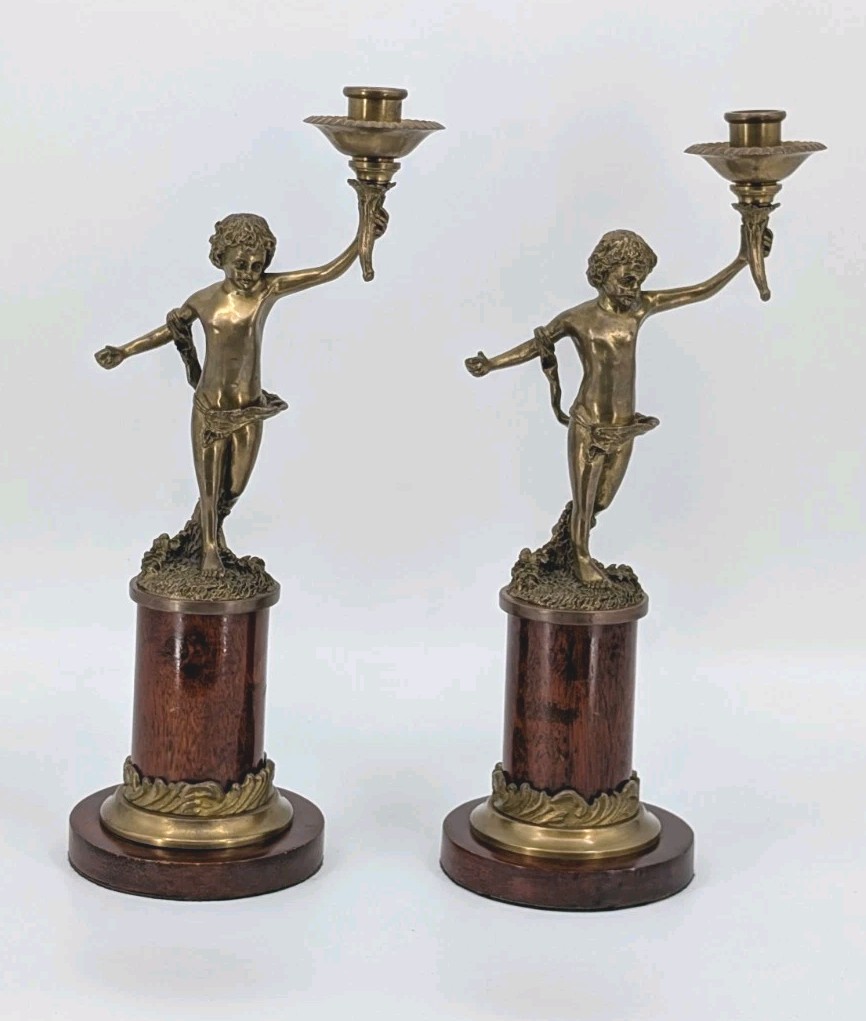 Decorative Crafts, Inc. Neoclassical Brass/bronze cherub candlestick Pair VTG 