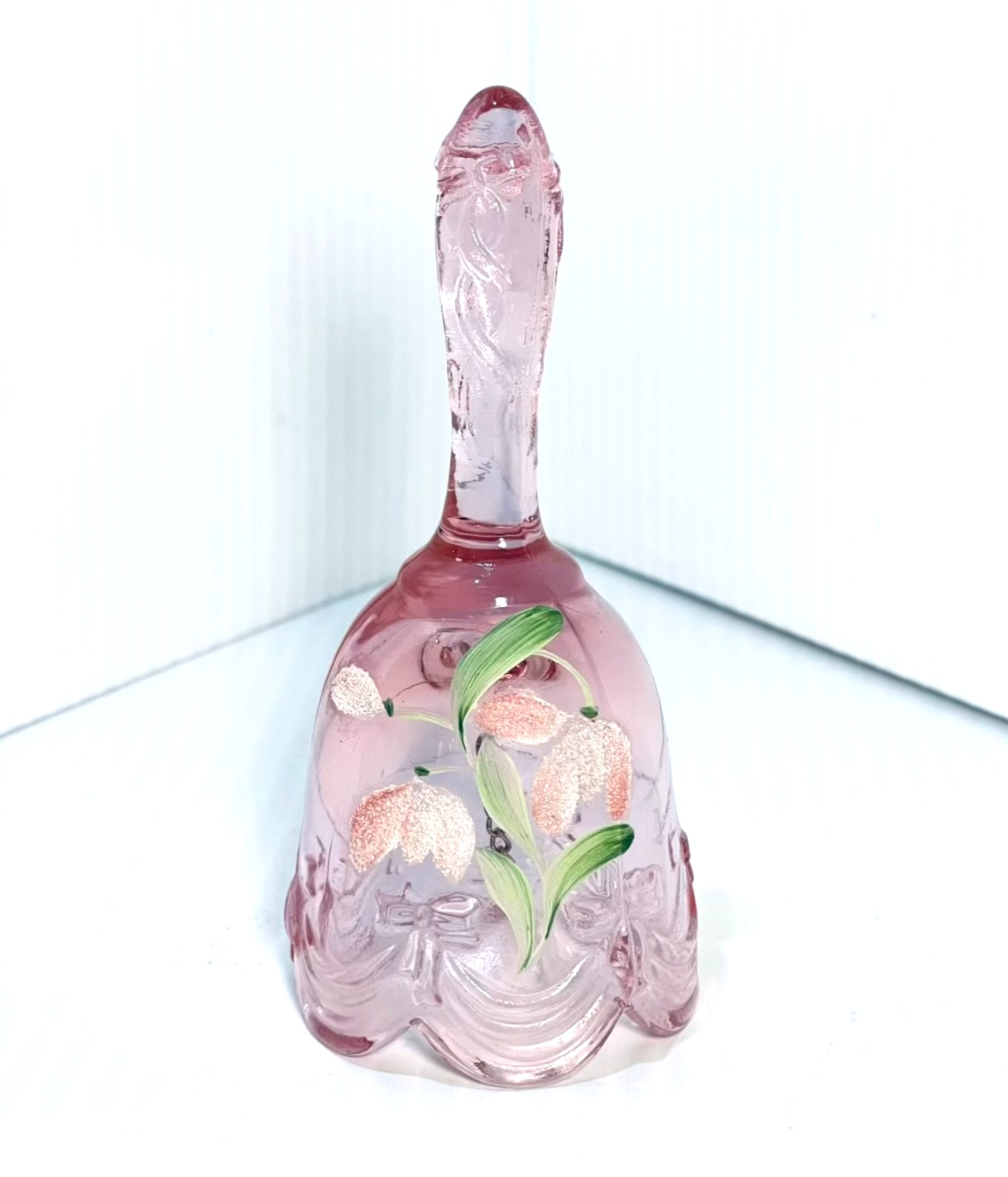 Vintage Fenton Pink Handled Bell Hand Painted Floral Signed Sticker 4.5