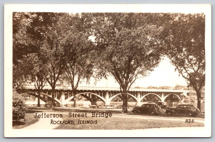c1945 Jefferson Street Bridge Rockford Illinois IL RPPC Real Photo Postcard