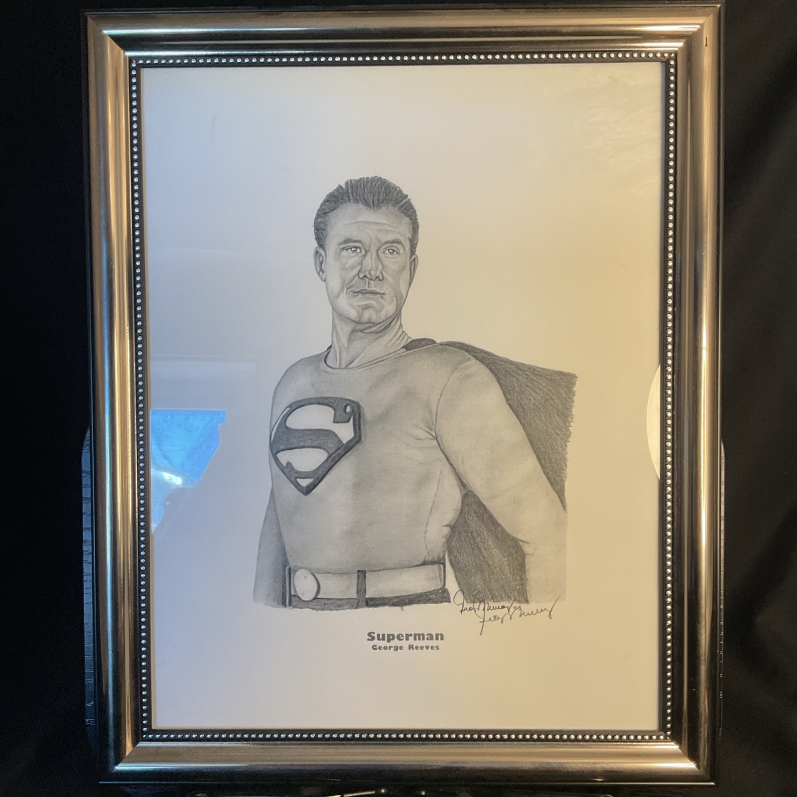 George Reeves as Superman SIGNED BY ILLUSTRATOR Graphite Pencil B&W Framed Photo