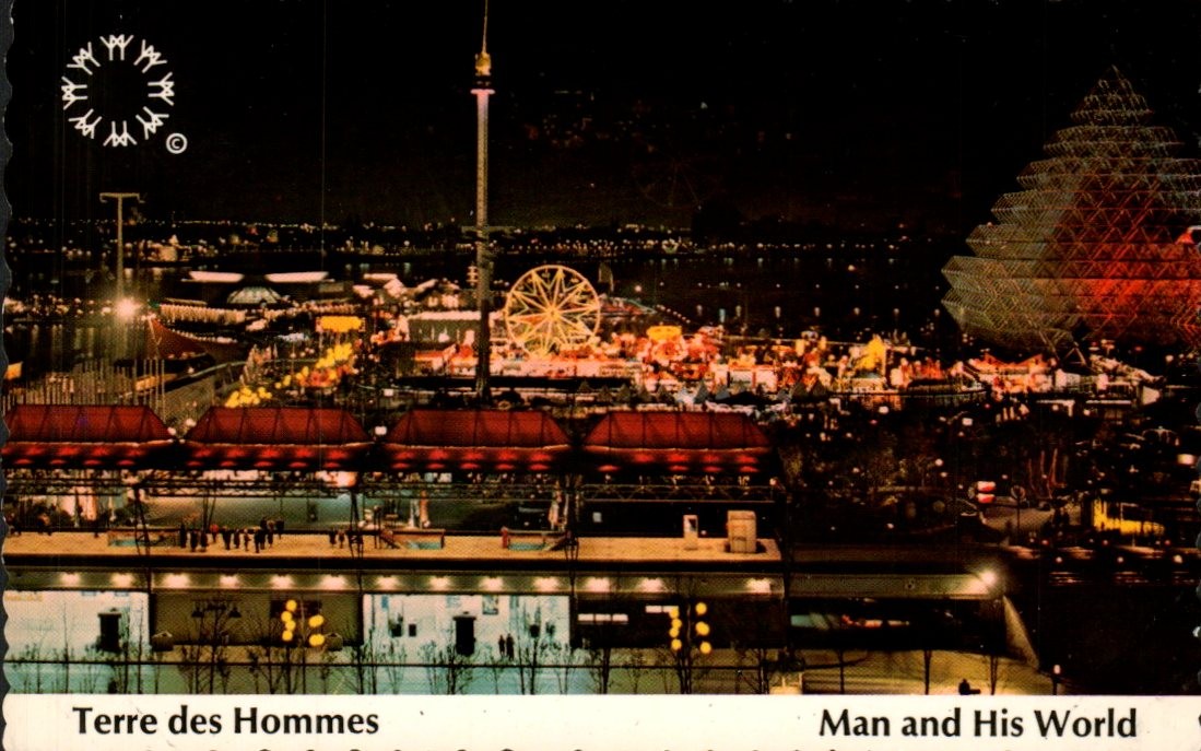 Montreal - La Ronde amusement park at night, Man and His World - Postcard c 1968