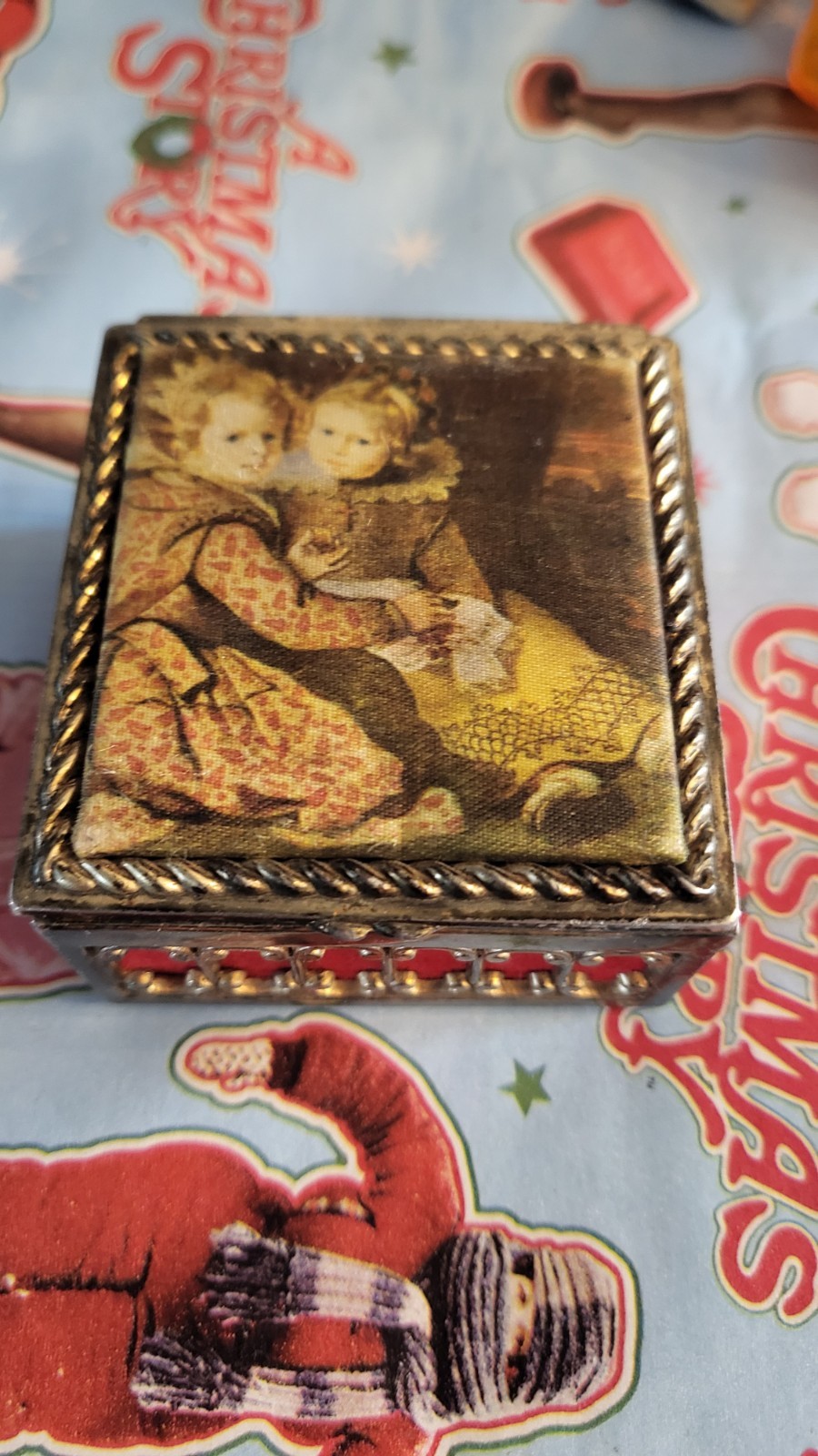 Filigree Metal Jewelry Trinket Box Art Top Two Children Cornelius De Vos Vtg