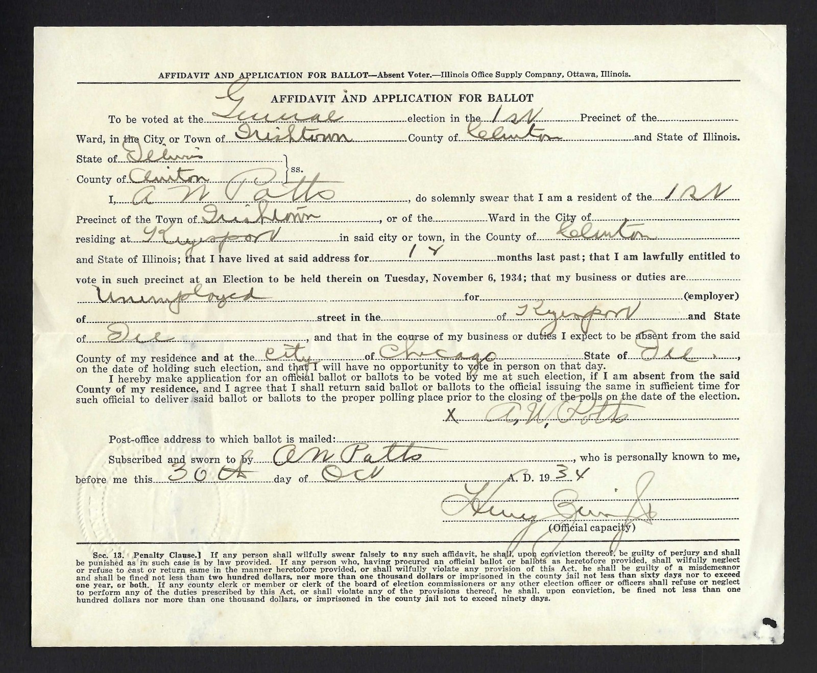 1934 Affidavit and Application for Absentee Ballot - Irishtown - Clinton County