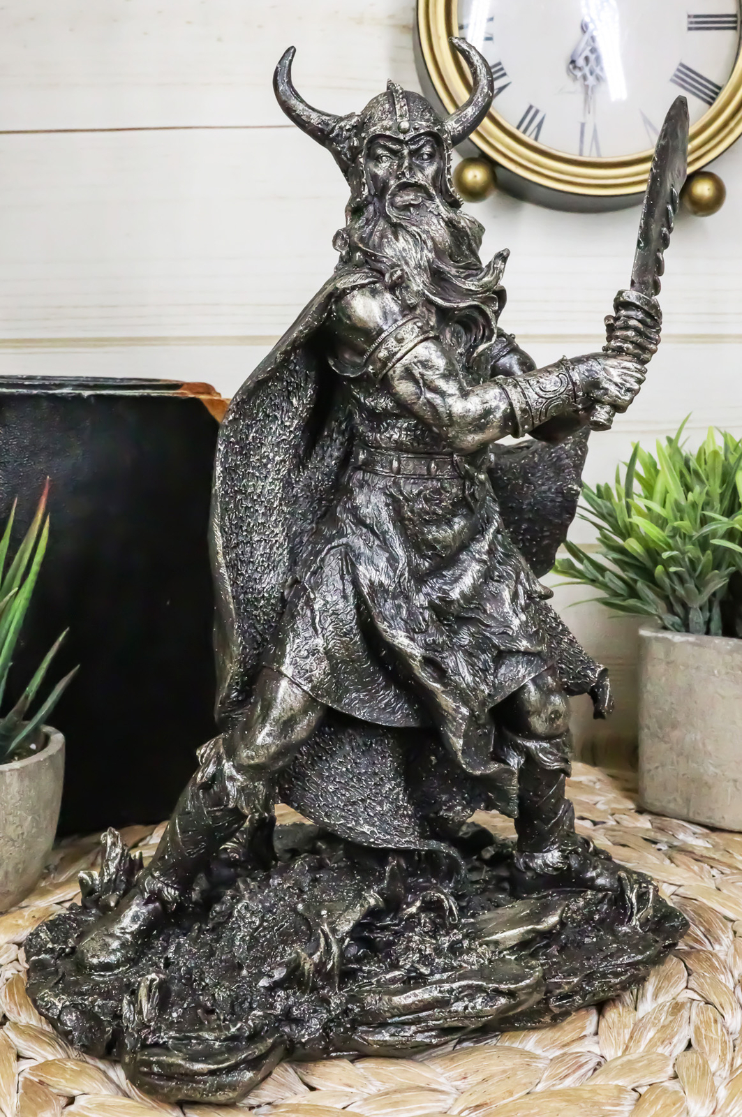 Viking Berserker Warrior With Bull Horn Helmet Wielding Sword Statue 10\