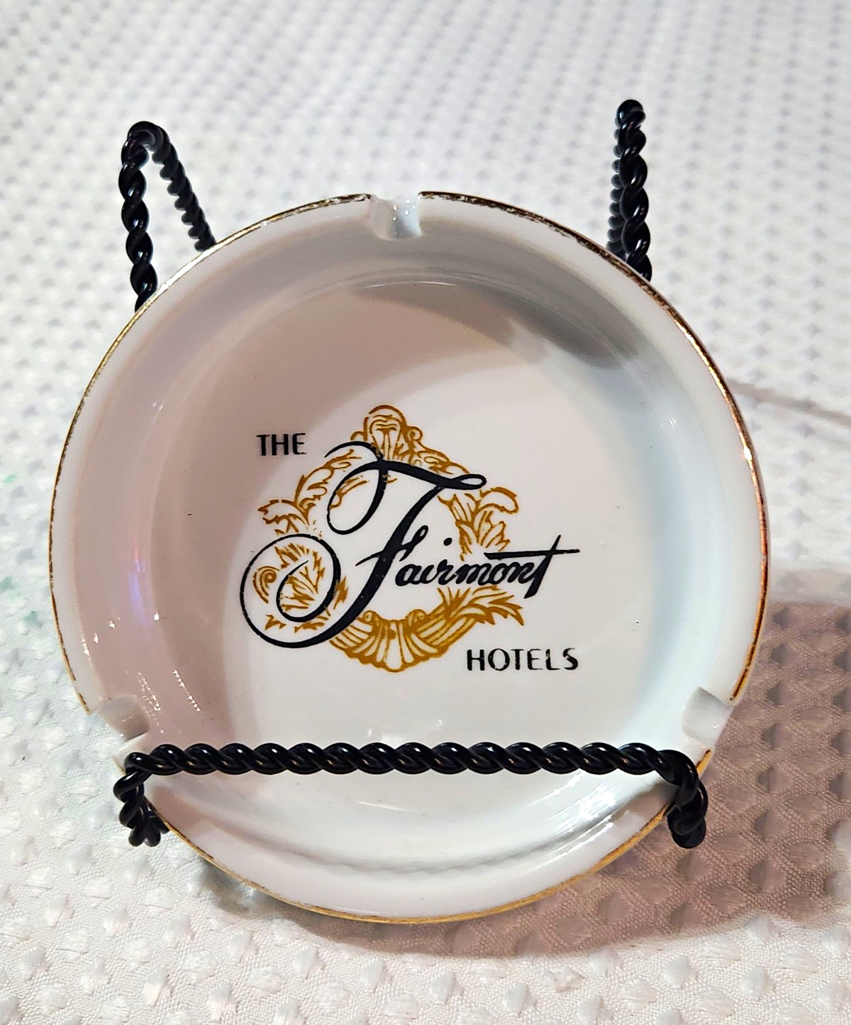 The Fairmont Hotels White Ceramic Ashtray Gold Trim Black Logo  Vintage