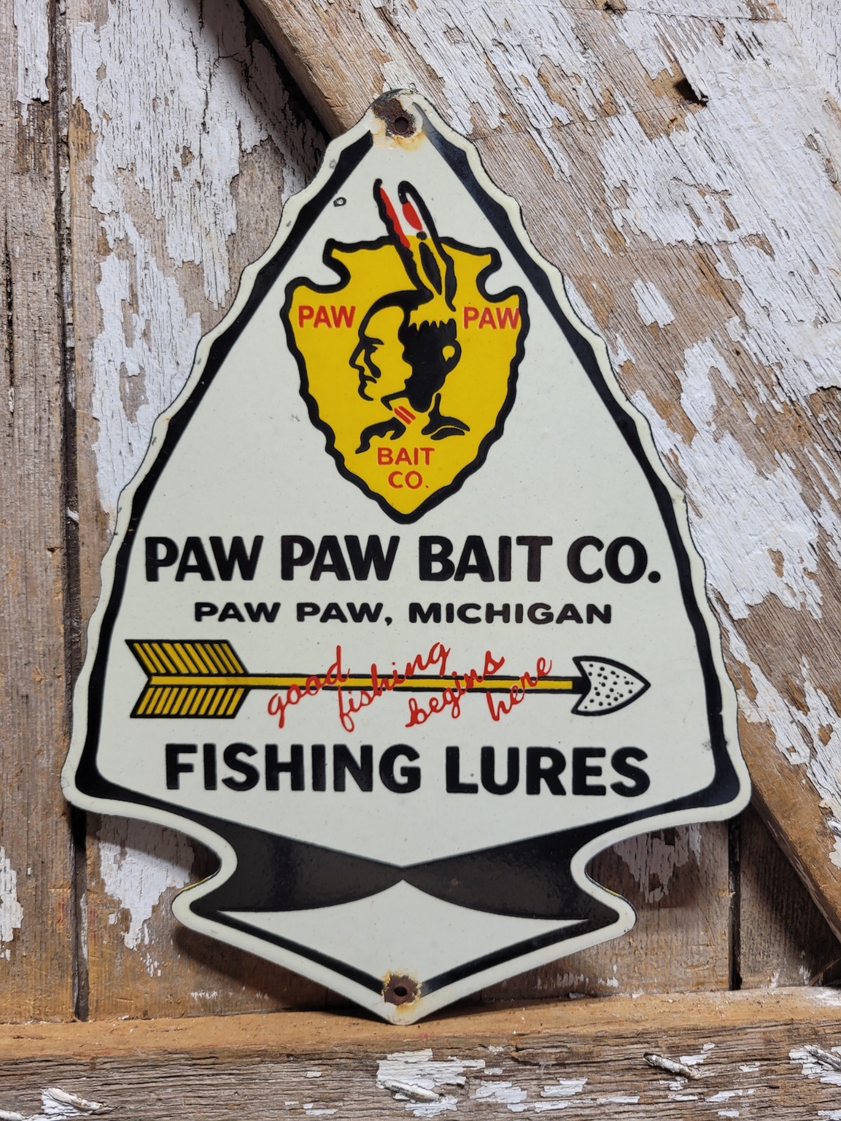 VINTAGE PAW PAW BAIT PORCELAIN SIGN RARE OLD MICHIGAN FISHING ROD TACKLE FISH CO