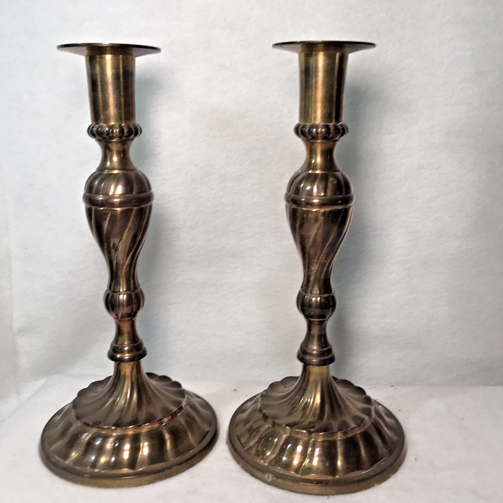 Vintage Heavy Brass Swirl  Candlesticks 9.5” Tall Holder Classic Style
