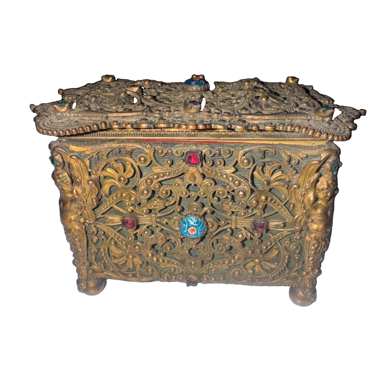 Antique 19thC French or Asian Ornate Filigree Jeweled Enamel Trinket Box - Small
