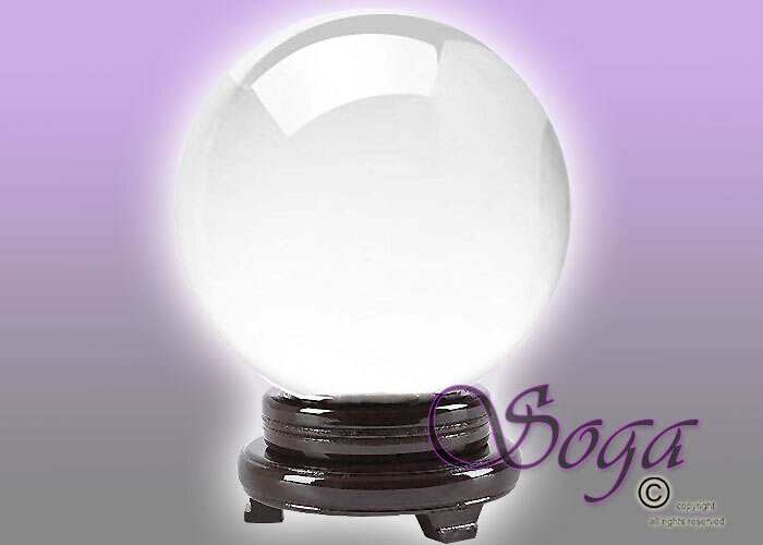 NEW CLEAR CRYSTAL BALL SPHERE QUARTZ W/ WOOD STAND 130MM 5