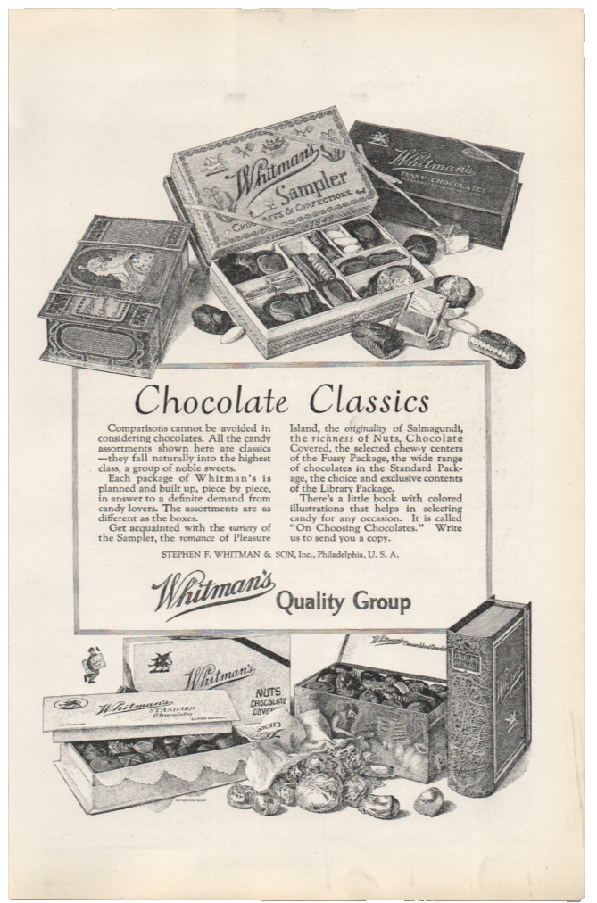 Antique 1924 Whitmans Print Ad Chocolate Classics Candy Nuts Sampler Home Decor