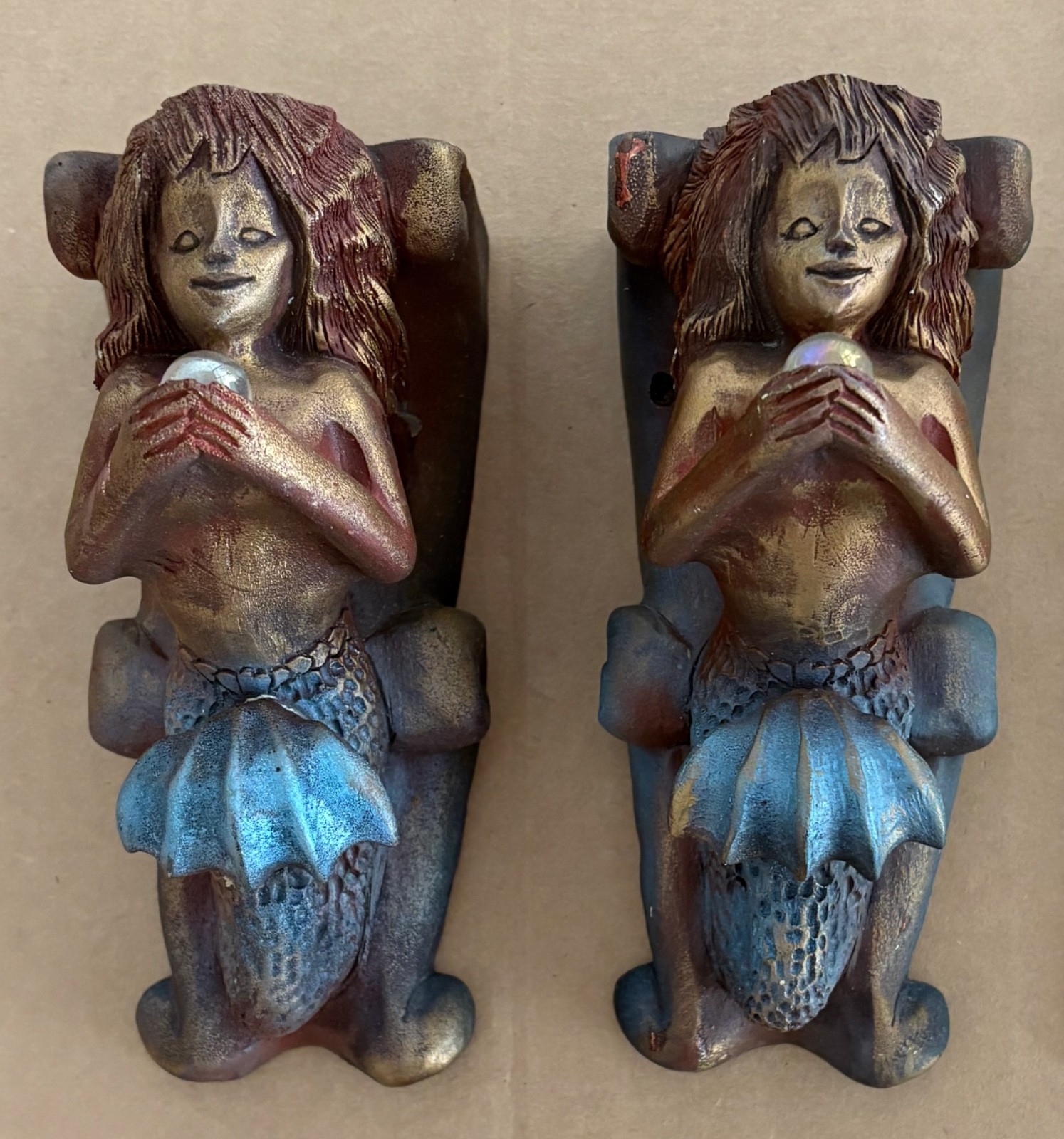 Pair oVintage Steve Tunturi Hand Carved Mermaid Brackets -  Whittler’s Workshop
