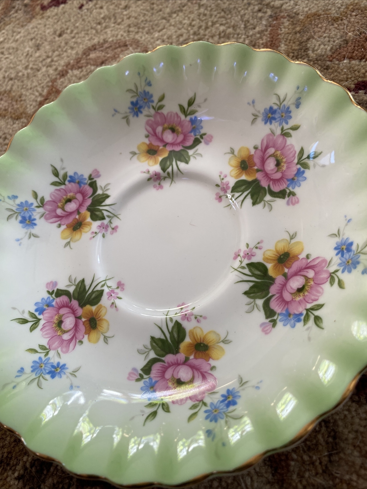 Vtg Rare Pattern  Royal Albert Green & Gold W Flowers Saucer Only