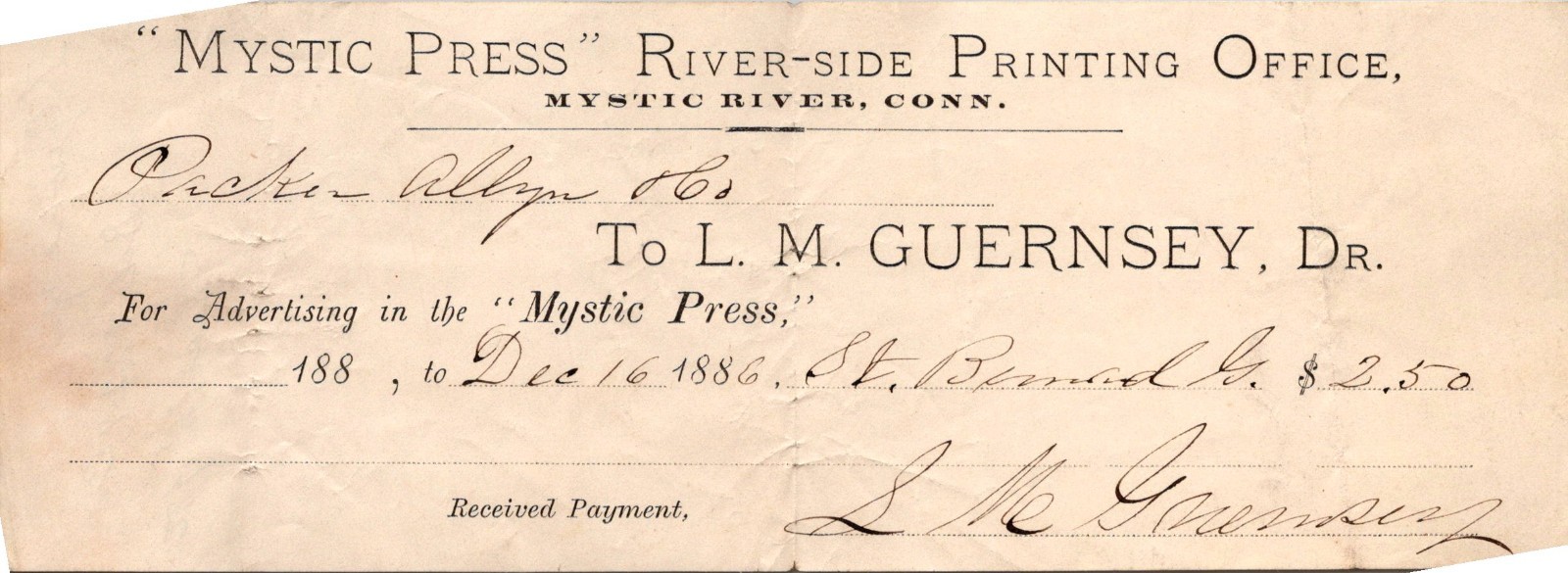 Mystic Press River-Side Printing Office 1886 CT Antique Letterhead Billhead TB9