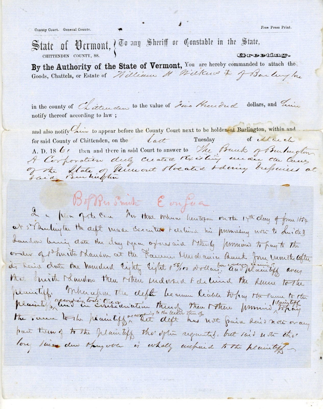 1860 Burlington VT Chittenden County Court Writ – Bank of Burlington vs. Wilkins