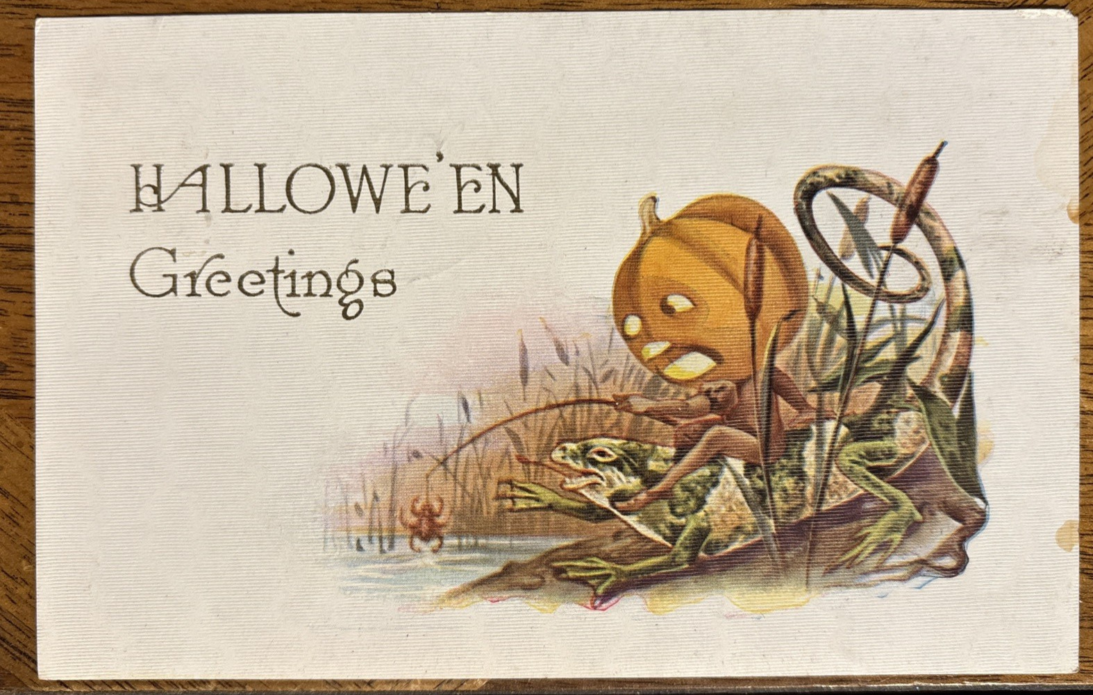 Vintage Halloween Greetings Postcard Jack-O-Lantern Fishing w/ Frog, PM 1912