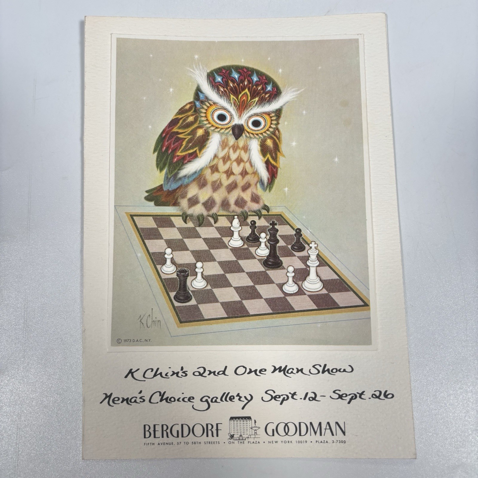 Vintage 1973 K Chin Art Gallery Exhibition Invitation Bergdorf Goodman Owl Chess