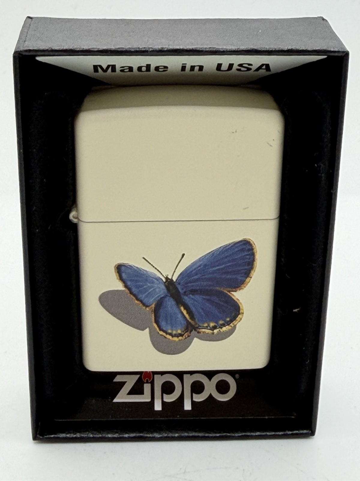 Vintage 2010 Barrett Smythe Blue Butterfly Cream Matte Zippo Lighter New B2