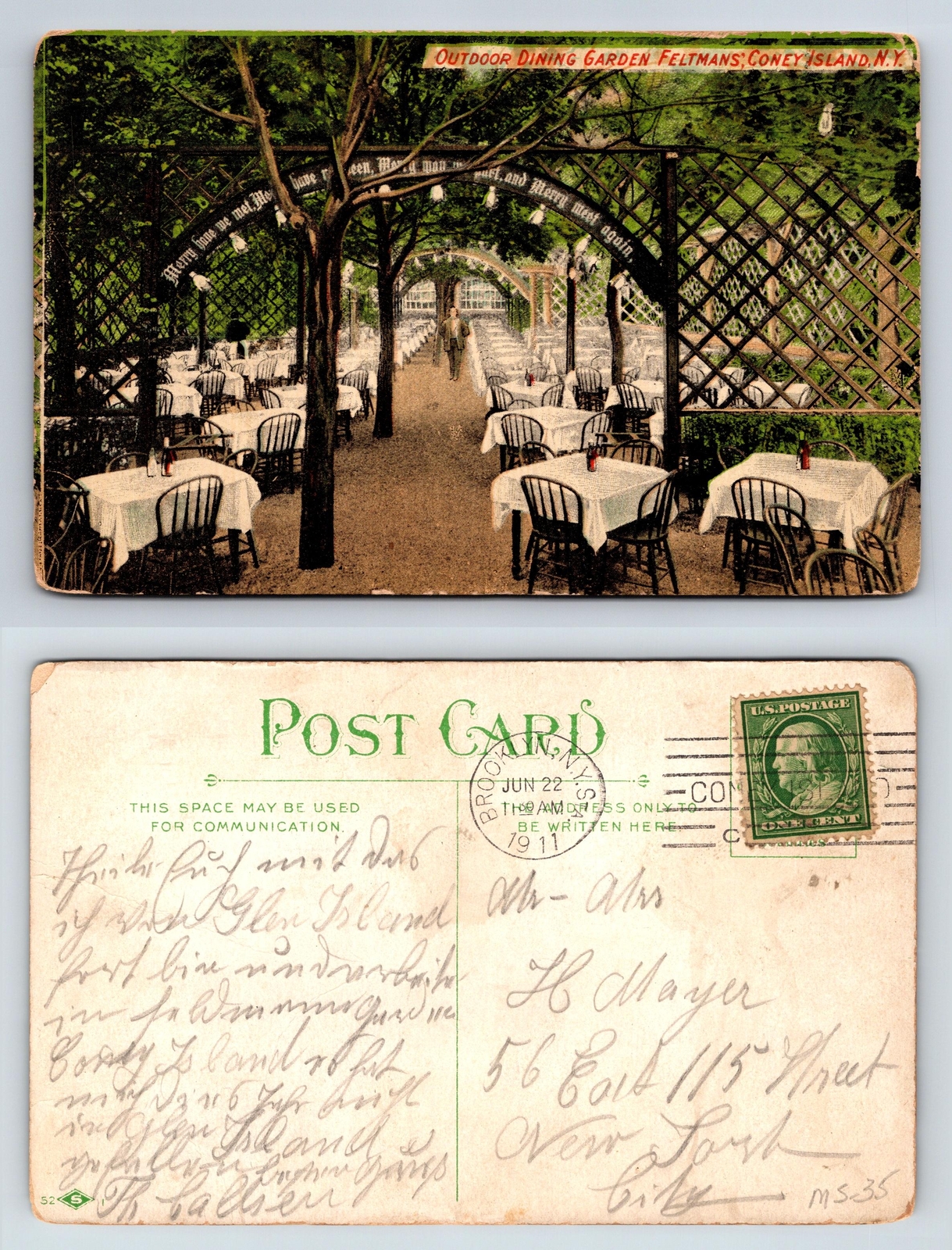 Outdoor Dining Garden Feltman\'s Coney Island NY Vintage Postcard 1911