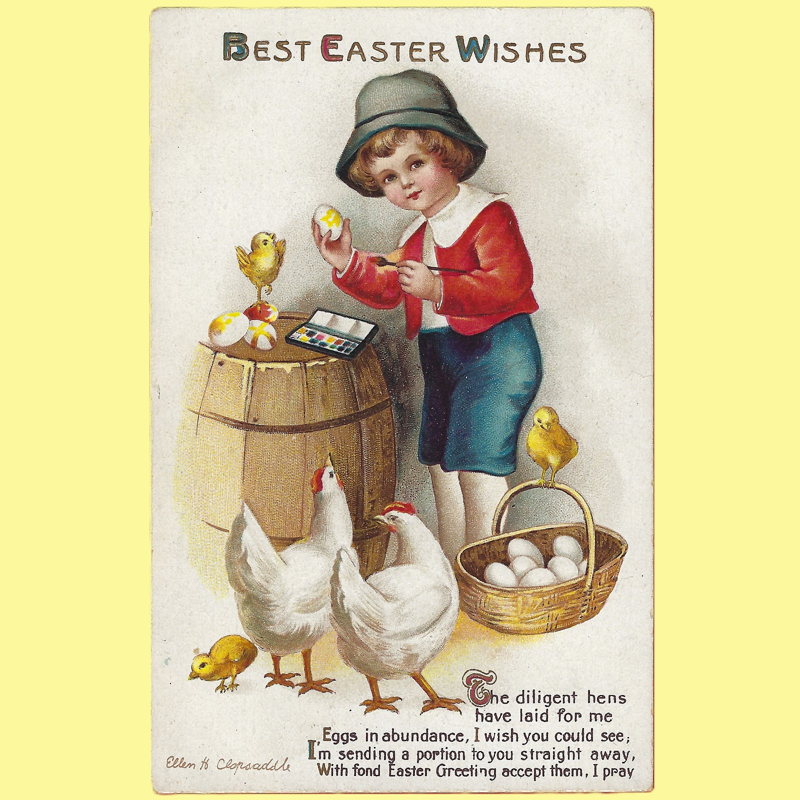 Vtg Clapsaddle Easter Boy Paints Eggs Chickens Chicks A/S Emb c1914 Near Mint