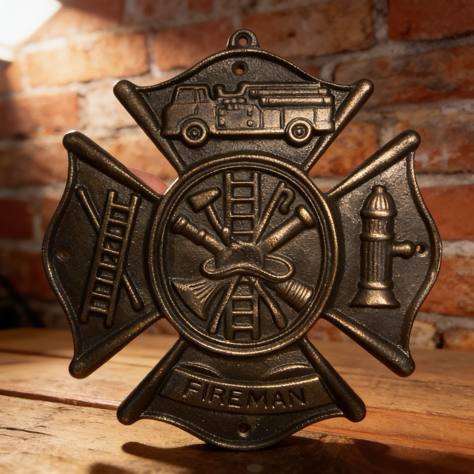 Heavy Cast Iron Cross Shield Firefighter Wall Plaque...Ships Free