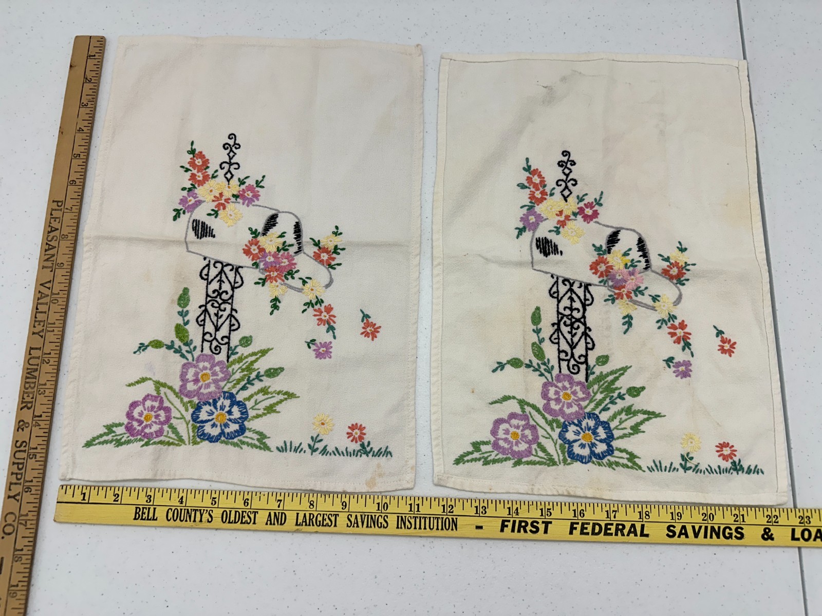 Vintage Linen Embroidered Floral Mail Box Towels Hand Blue Purple