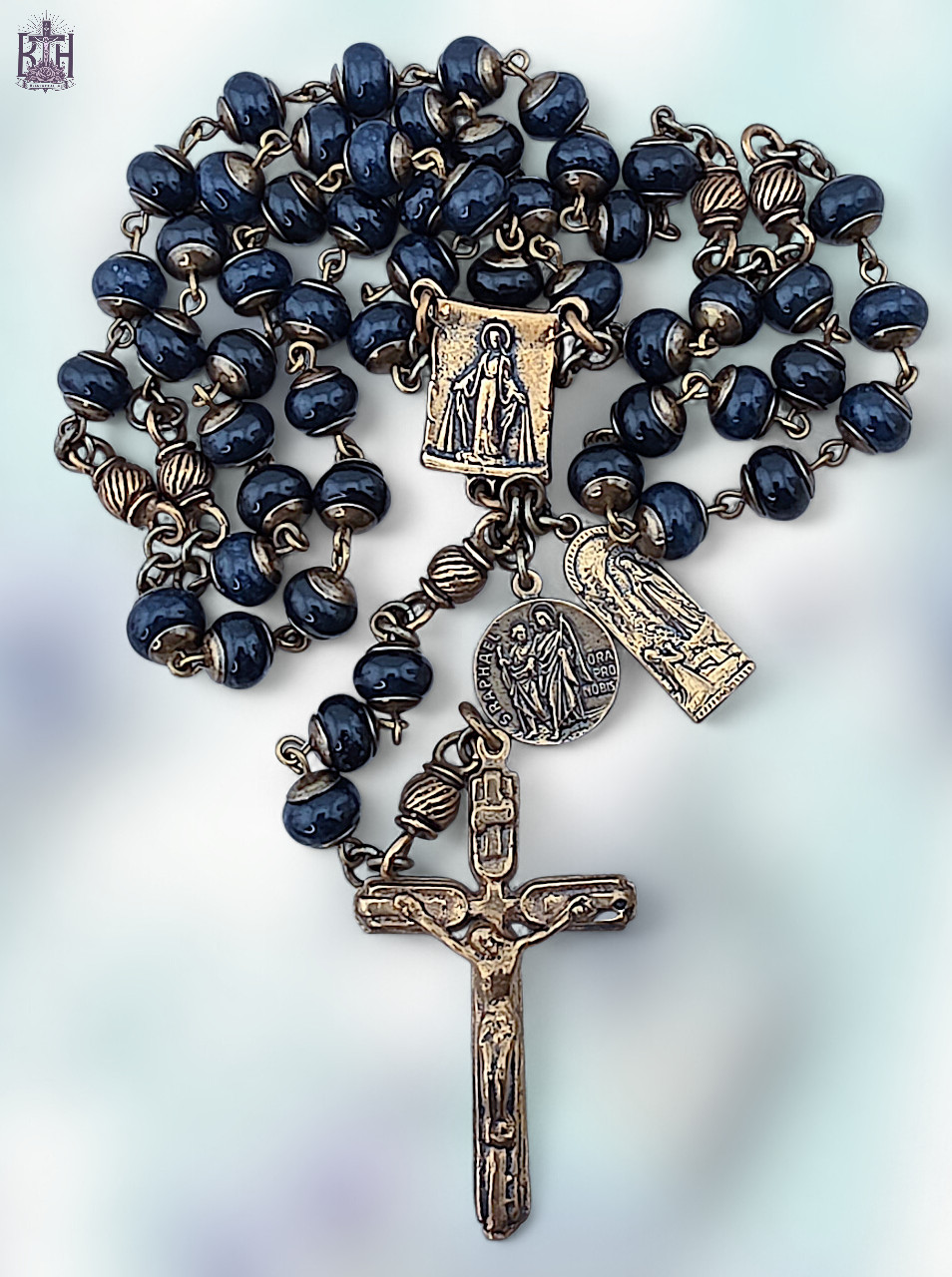Healing Saints Miraculous Mary Rosary Lourdes Raphael -Bronze Heirloom Blue Jade