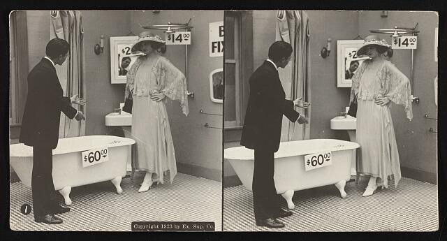 Photo:1923 Long Girl Short Bath Stereoscopic Bathroom Scene Price Tags