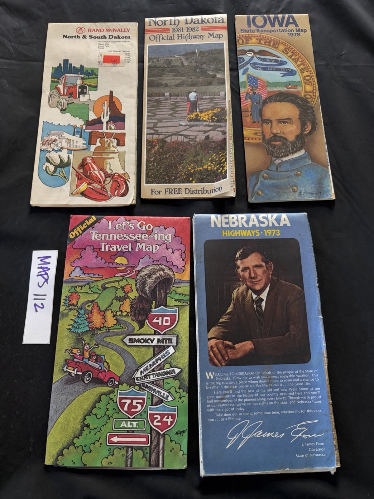 Lot of 5 Vintage Road Maps – Illustrated Tennessee, Iowa Pioneer & Dakotas 