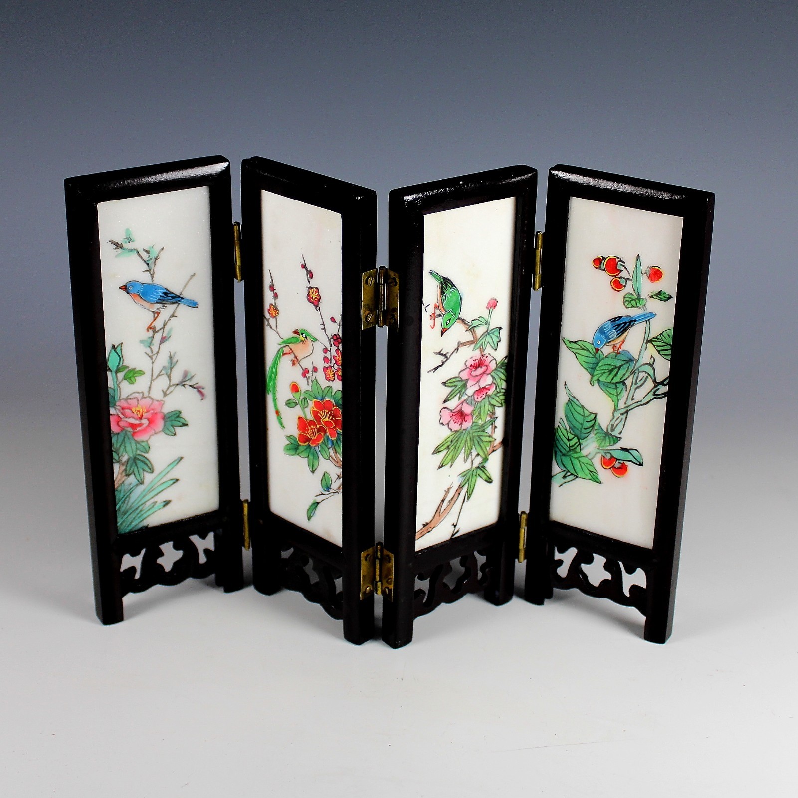 Vintage Chinese Porcelain 4 Panel Table Screen Hand Painted Double Sided