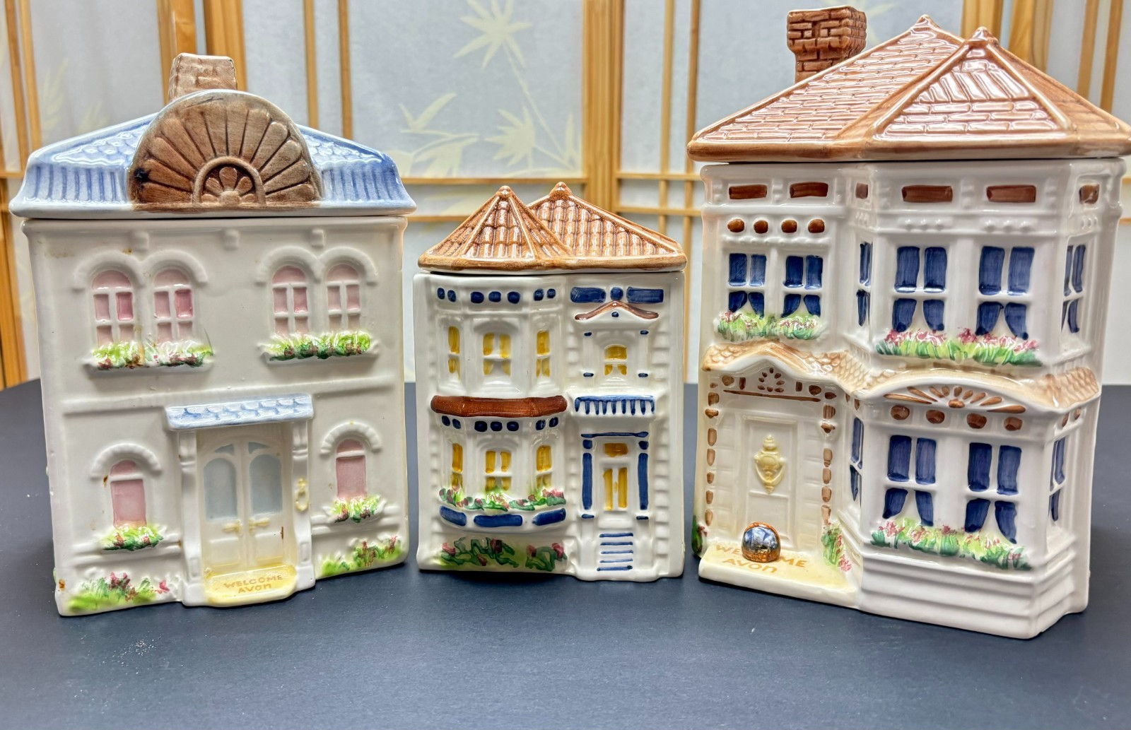 Avon 1980 Townhouse Canister Collection Hand Painted Set of 3