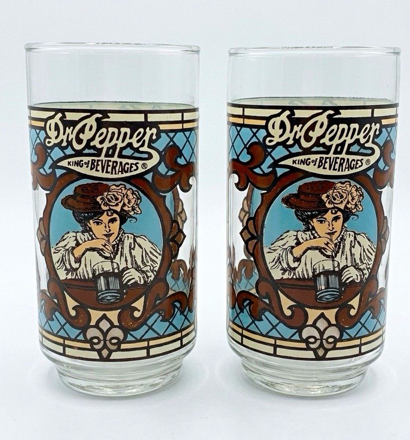 Vintage 1970’s Dr Pepper Glasses King of Beverages Stained Glass Style Tumblers 